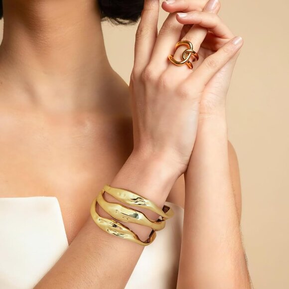 Bold Gold Chunky Cuff Bracelet for Women with Hammered Finish, Adjustable Irregu - Picture 2 of 8